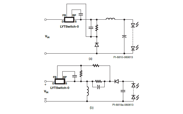 標準的なアプリケーション回路図 (a) 降圧、(b) 極性反転型。